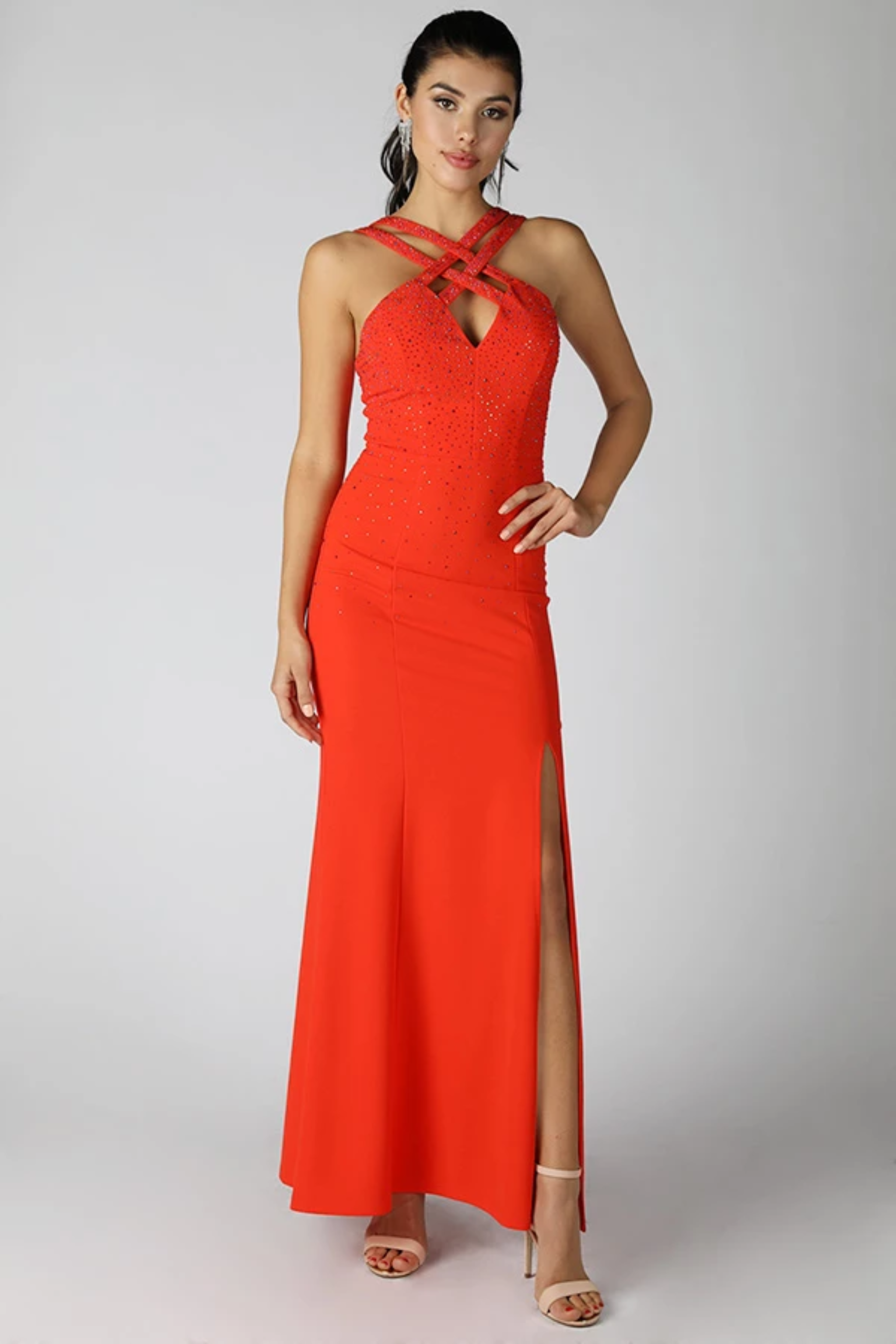 Criss Cross Rhinestone Long Dress with Split Define Styles Criss Cross Rhinestone Long Dress with Split Define Styles