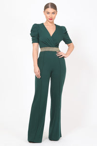 Puff Sleeve Jumpsuit with Gold Waistline